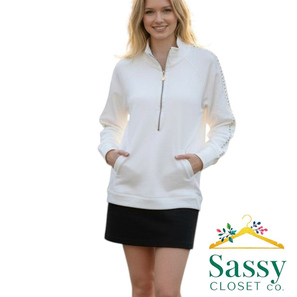 Lilly Pulitzer White Half Zip Sweatshirt Lace Sleeve Detail Women’s M EUC